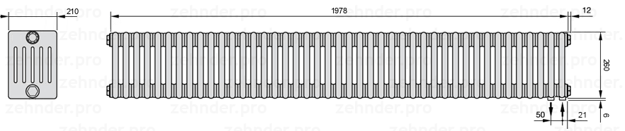 Схема (чертеж) Радиатор Zehnder Charleston 6026/43 №5510 Белый глянцевый RAL 9016
